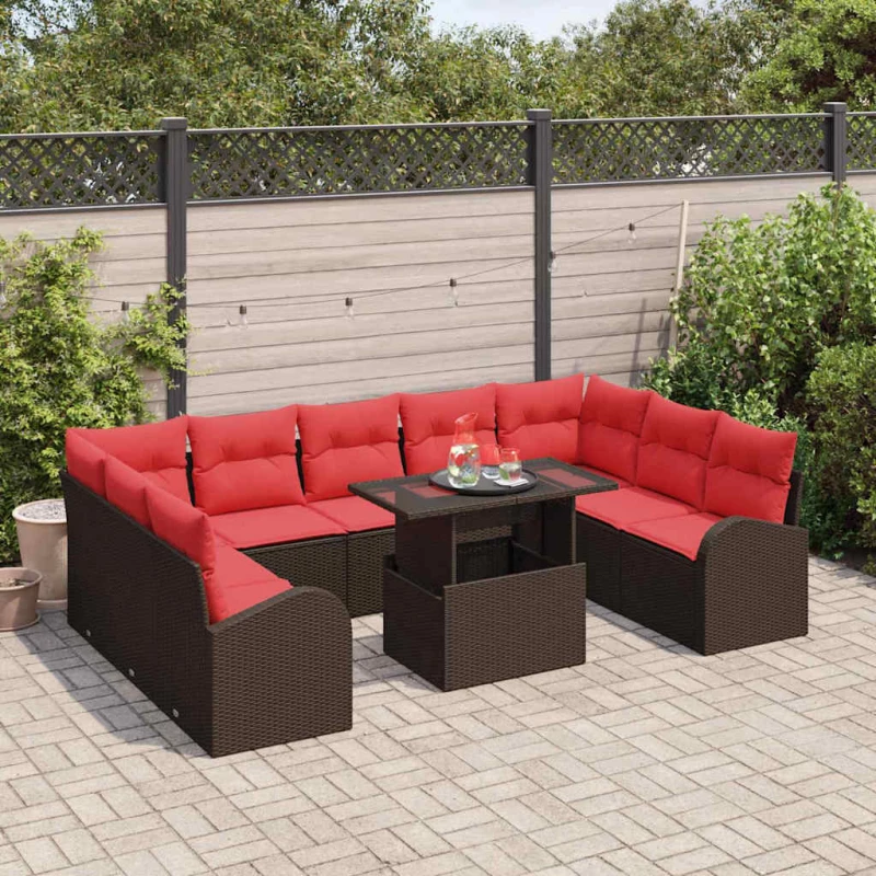 vidaXL Σετ Καναπέ Κήπου με αποθήκευση 10 pcs Καφέ συνθετικό ρατάν