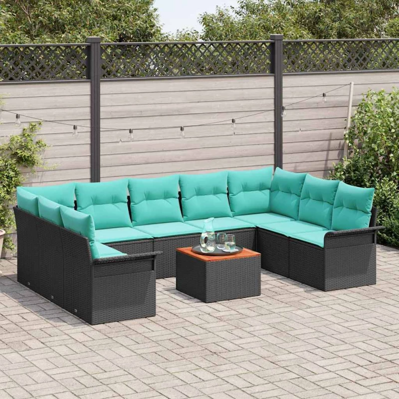 vidaXL Σετ Καναπέ Κήπου με μαξιλάρι 10 pcs Μαύρο συνθετικό ρατάν