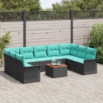 vidaXL Σετ Καναπέ Κήπου με μαξιλάρι 10 pcs Μαύρο συνθετικό ρατάν