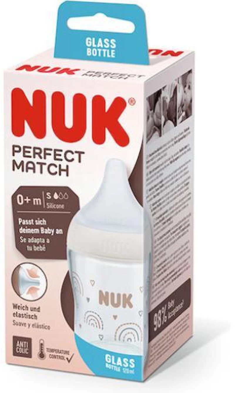 NUK Perfect Match Temperature Control Γυάλινο Μπιμπερό Με Θηλή Σιλικόνης Για 0+ Μηνών 120ml