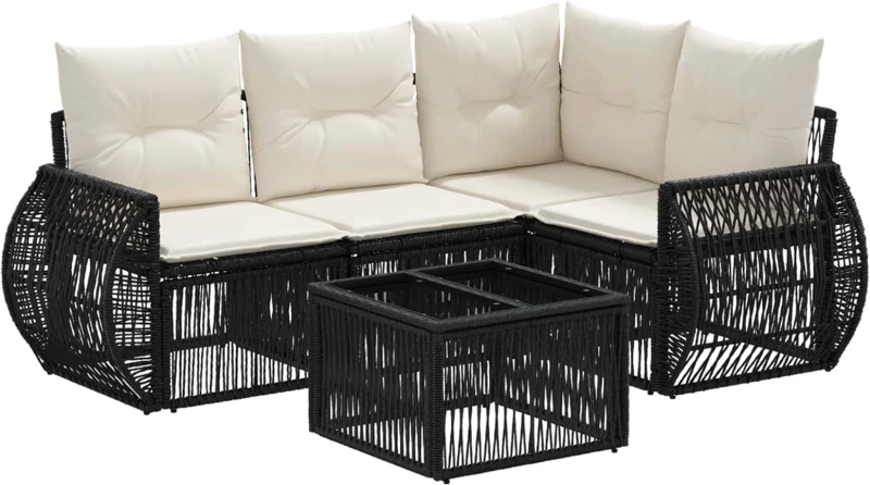 vidaXL Σετ Καναπέ Κήπου 5 pcs Μαύρο και Κρεμ Λευκό συνθετικό ρατάν