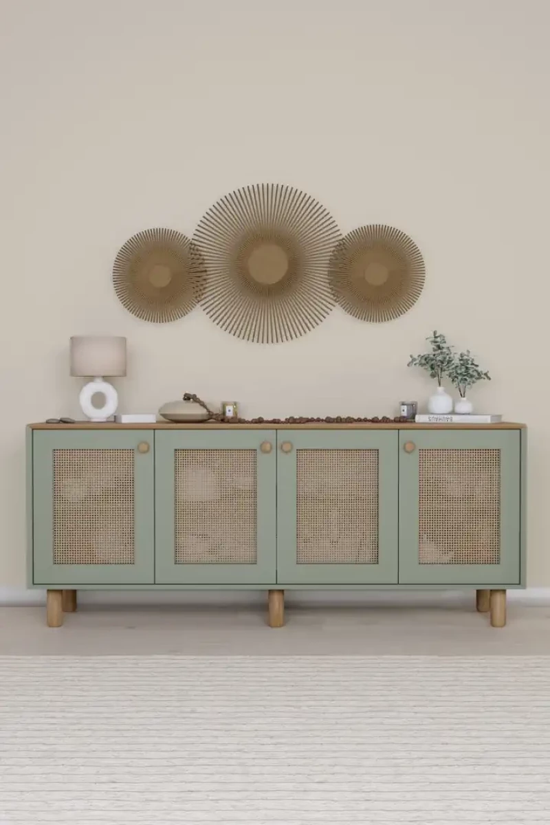 Stewehome Κονσόλα Bohem με PVC ψάθα 4 θυρών Πράσινο 180x40x75 cm