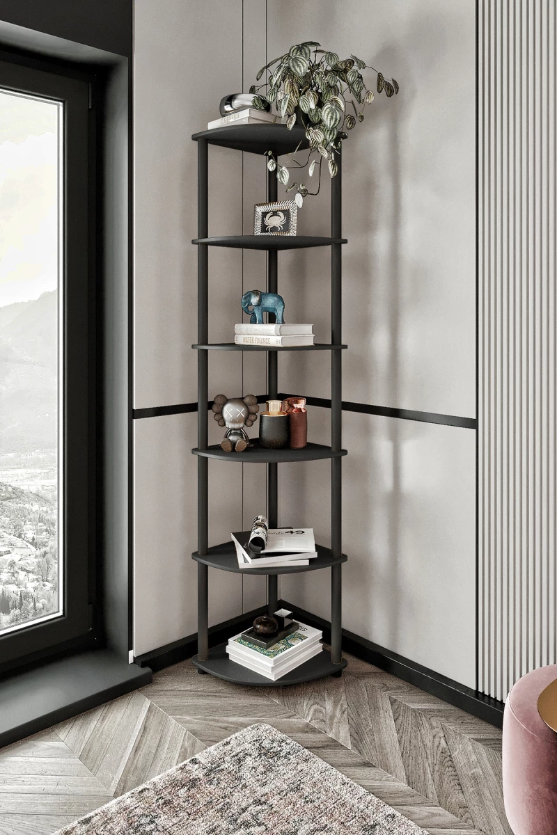 Stewehome Γωνιακή βιβλιοθήκη 6 επιπέδων από MDF Μαύρο 34x160x34 cm