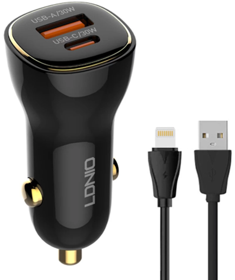 LDNIO φορτιστής αυτοκινήτου C103 με καλώδιο Lightning  USB/USB-C  60W  μαύρος