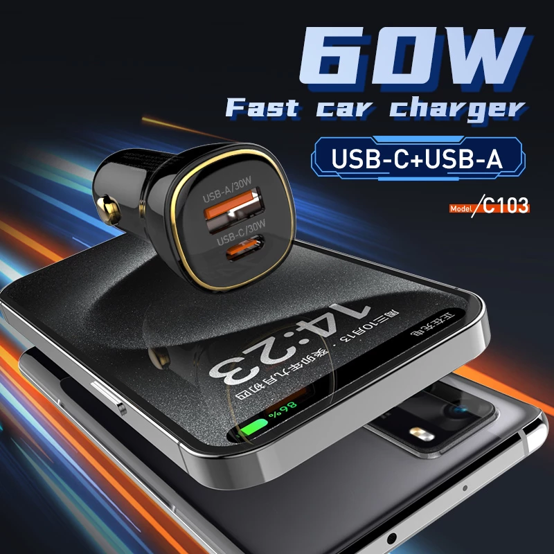 LDNIO φορτιστής αυτοκινήτου C103 με καλώδιο Lightning  USB/USB-C  60W  μαύρος