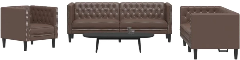 Σετ Καναπέδων Chesterfield 3 Τεμαχίων από Καφέ Συνθετικό Δέρμα |3209269