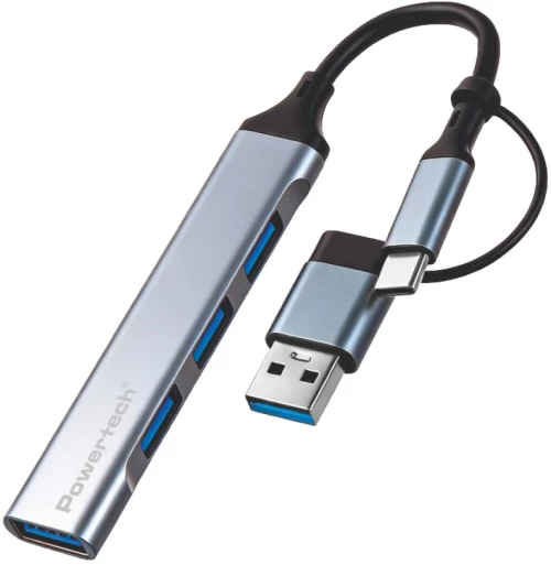 POWERTECH USB hub PTR-0206, 4x θυρών, USB 3.0, 5Gbps, USB & USB-C σύνδεση, γκρι