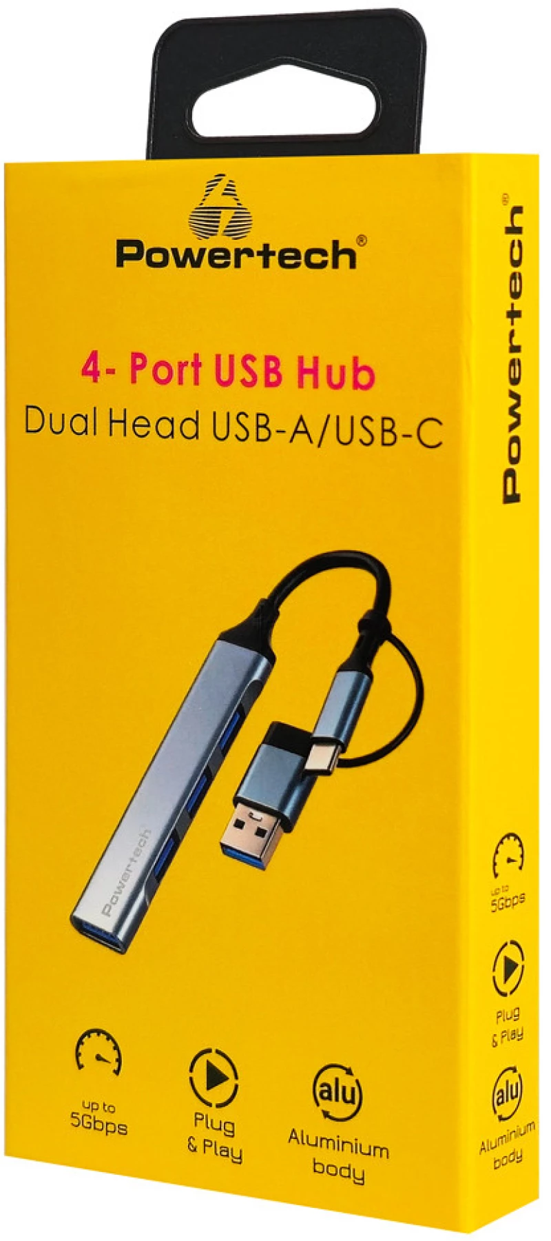 POWERTECH USB hub PTR-0206, 4x θυρών, USB 3.0, 5Gbps, USB & USB-C σύνδεση, γκρι