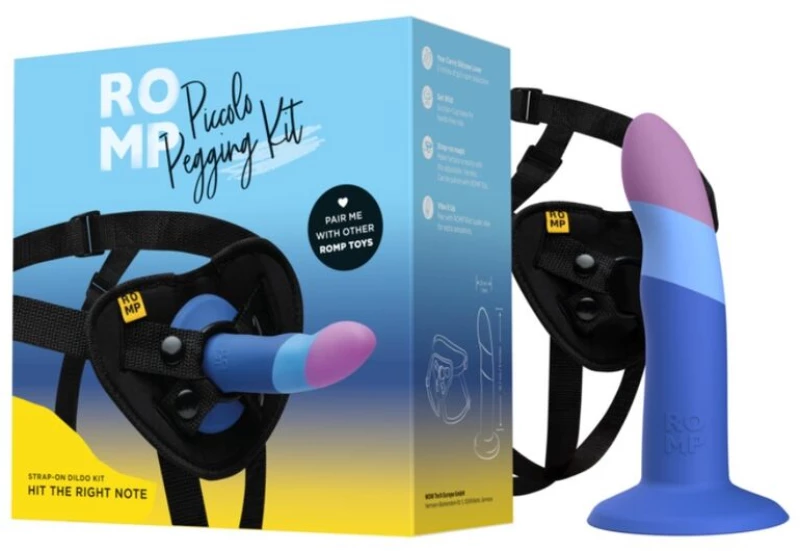 ROMP - PICCOLO HARNESS + SILICONE DILDO WITH TRICOLOR SUCTION CUP 14 CM