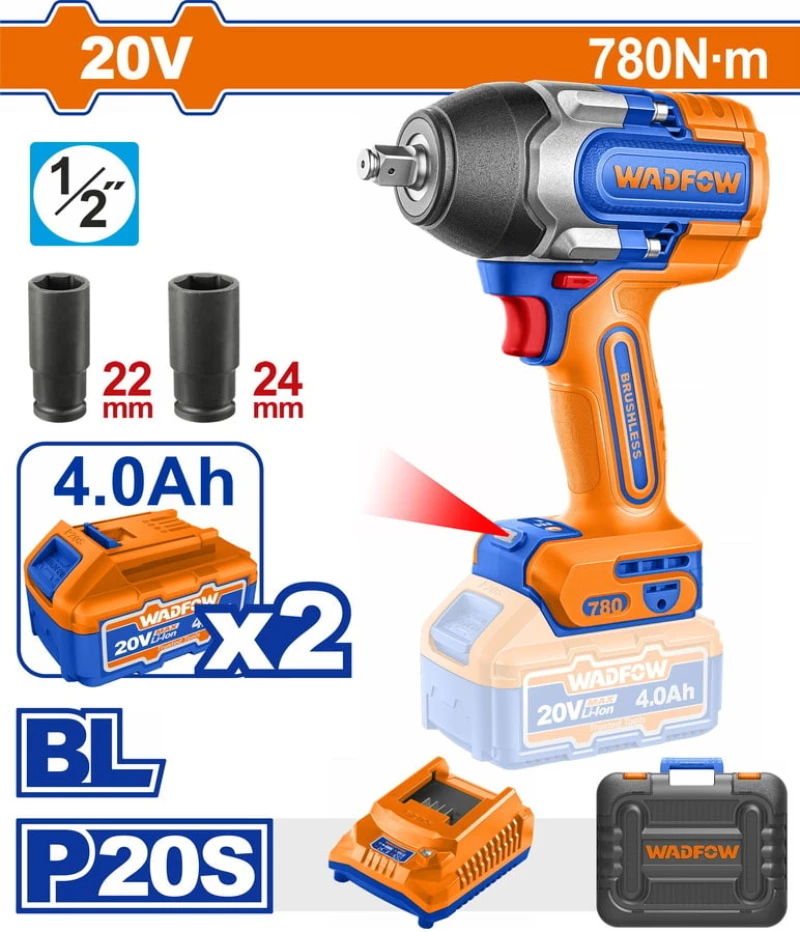 Wadfow WCD1B78E Brushless Μπουλονόκλειδο Μπαταρίας 20V 2x4Ah με Υποδοχή 1/2"