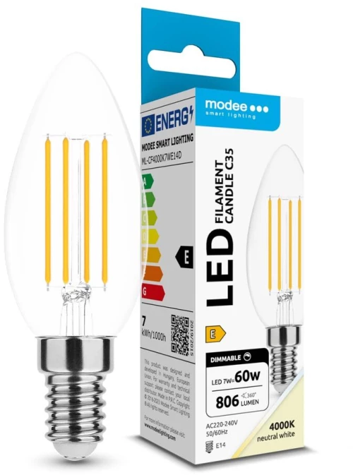 Modee LED Λάμπα Filament Κερί C35 7W E14 4000K 806lm Dimmable ERP