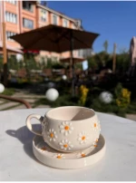 Stewehome Σετ κεραμικό φλιτζάνι και πιάτο με σχέδιο μαργαρίτας Λευκό