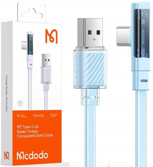 Mcdodo CA-3422 USB-A to Type-C 6A 90 Degree Transparent Data Cable with LED 1.2m blue