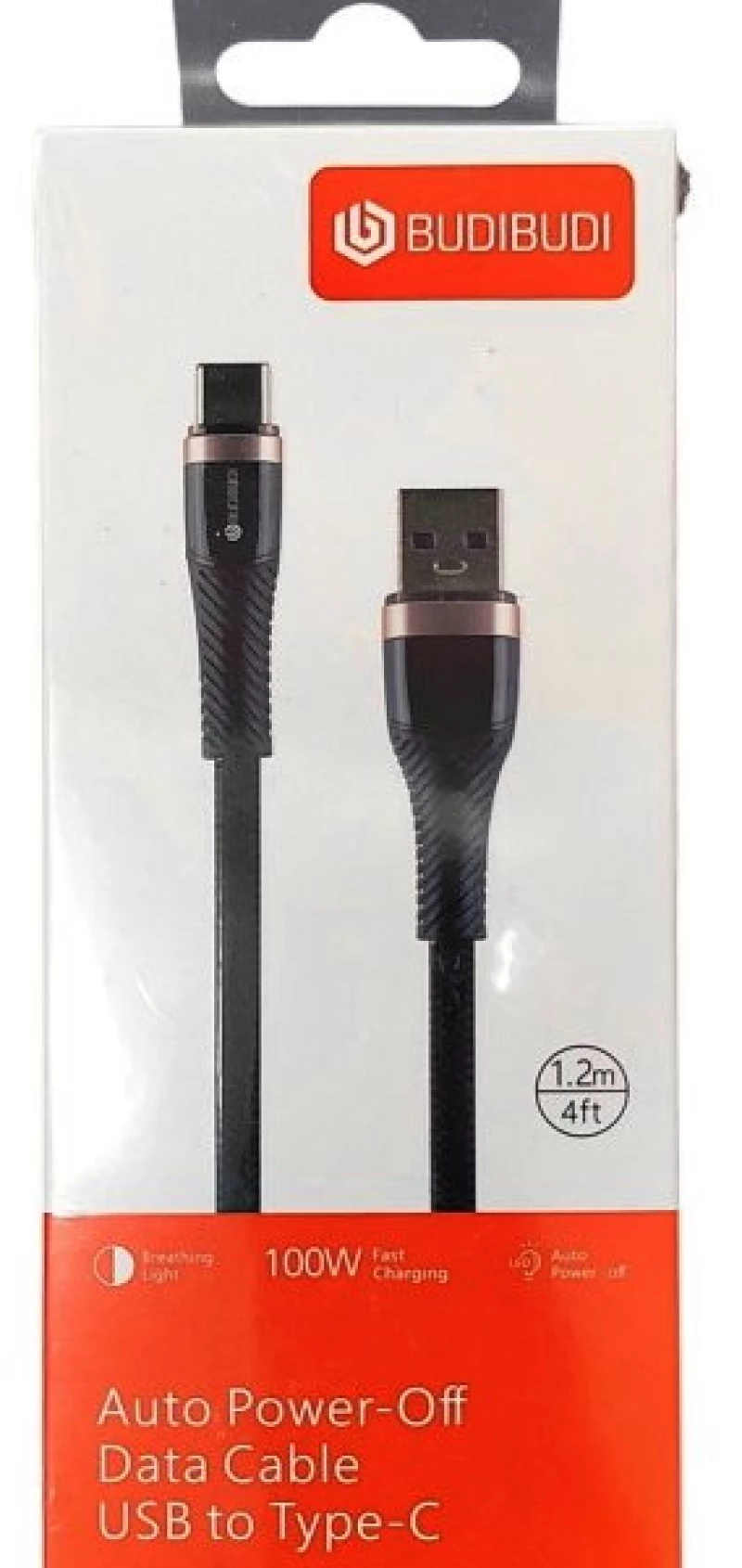 BUDIBUDI 004  Καλώδιο Κορδόνι Νάιλον USB-A σε Type-C (3Α) (1.2m) (100W) (Μαύρο)