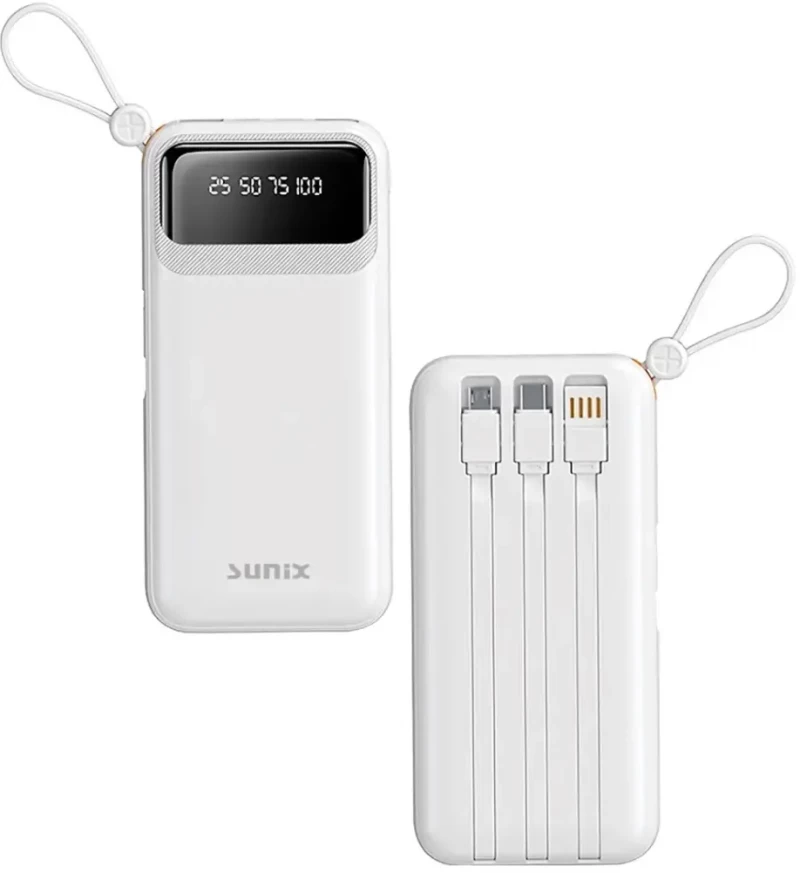 Sunix Power Bank 10000 mAh με Ενσωματωμένα Καλώδια USB C / Micro / USB A 2.1A - Λευκό