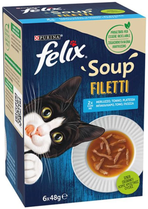 Felix Soups Fillet Πολυσυσκευασία 6x48gr με Μπακαλιάρο, Τόνο & Γλώσσα